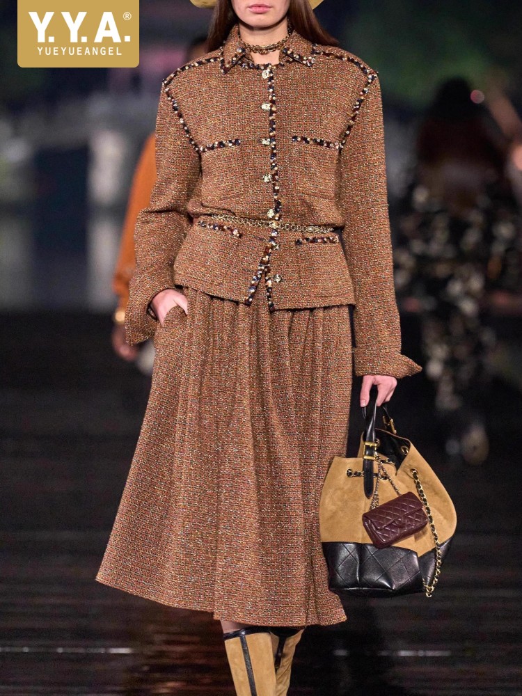 Wool Coat Peacoat - Female Elegant Turndown Collar Sequin Tweed
